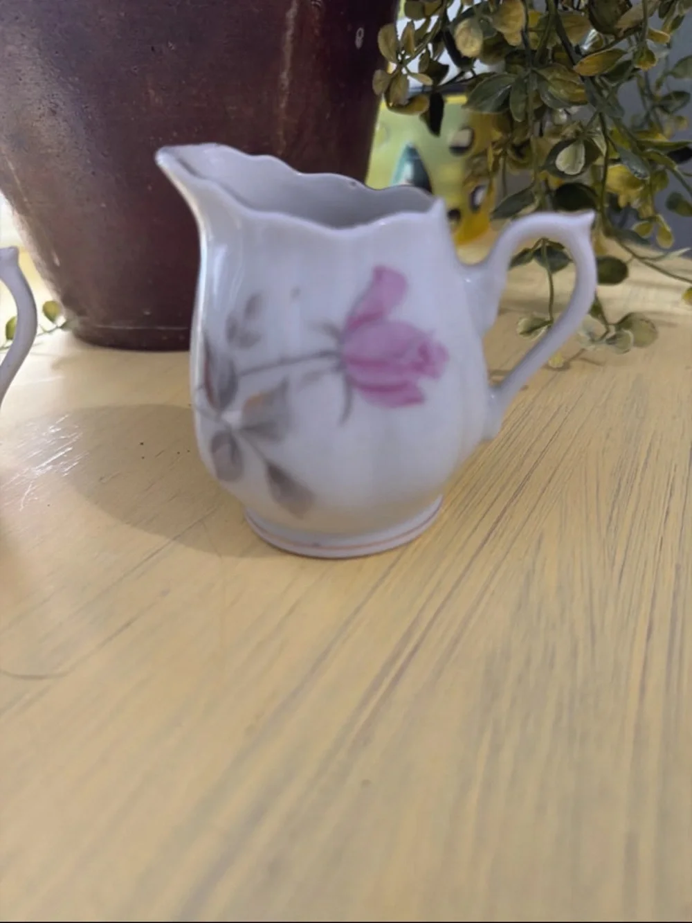 Enesco White Porcelain Sugar Bowl and Creamer with Pink Rose Motif
